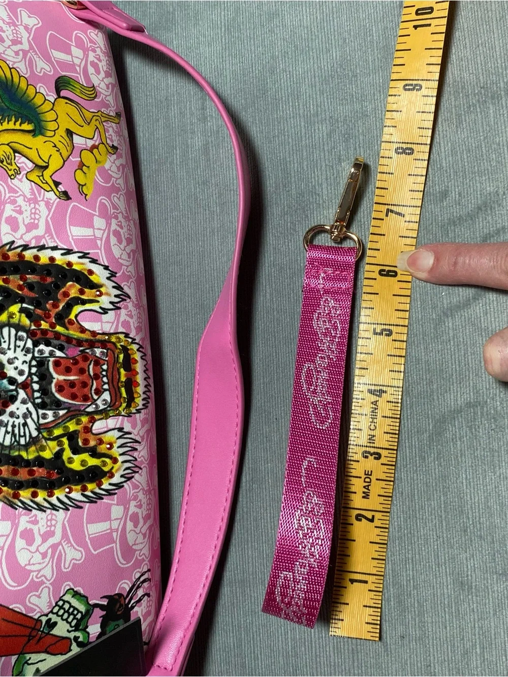 Ed Hardy Pink Graphic Shoulder Bag with Rhinestone Tiger, Gold Chain Accents